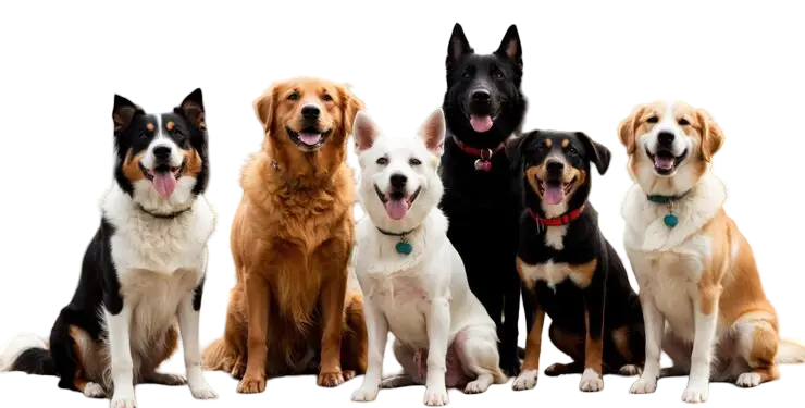 Group of happy dogs together outdoors
